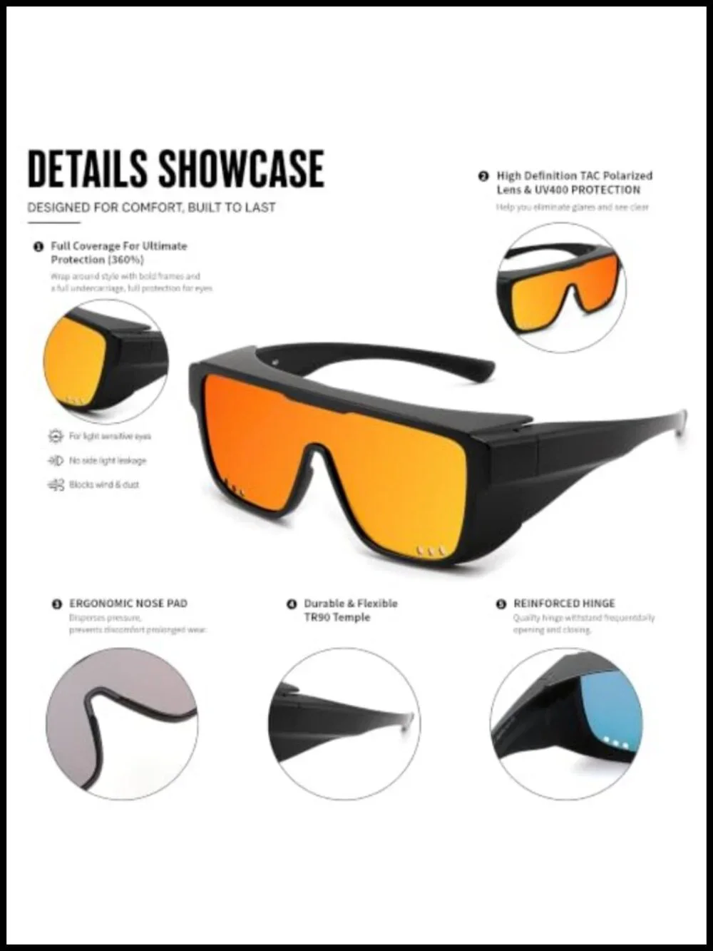 Fit Over Glasses Polarized Sunglasses with Side Shields TR90 Frame Sports